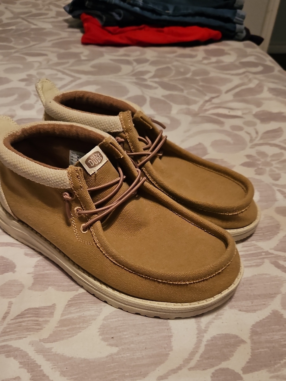 Hey Dude Tan Canvas Loafers with Cream Collar